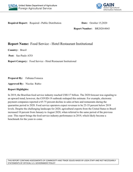 Report Name: Food Service - Hotel Restaurant Institutional
