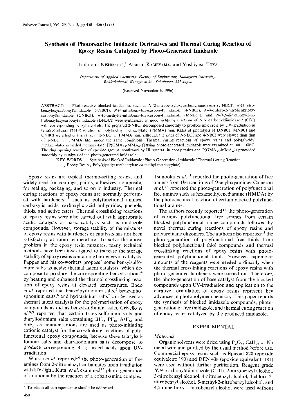 Synthesis of Photoreactive Imidazole Derivatives and Thermal Curing Reaction of Epoxy Resins Catalyzed by Photo-Generated Imidazole