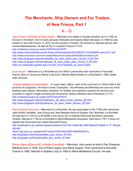 Merchants, Ship Owners and Fur Traders of New France, Part 1 a – G
