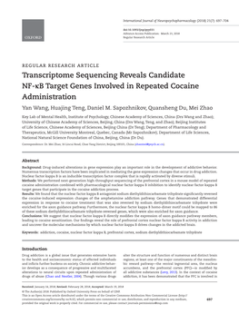 Transcriptome Sequencing Reveals Candidate NF-Κb Target Genes Involved in Repeated Cocaine Administration Yan Wang, Huajing Teng, Daniel M