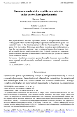 Monotone Methods for Equilibrium Selection Under Perfect Foresight Dynamics