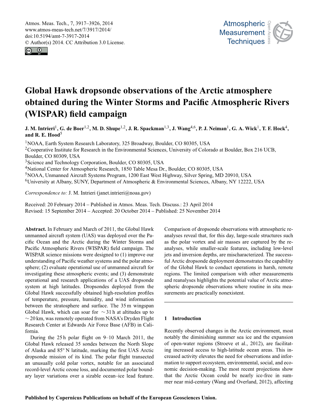 Global Hawk Dropsonde Observations of the Arctic Atmosphere Obtained During the Winter Storms and Paciﬁc Atmospheric Rivers (WISPAR) ﬁeld Campaign