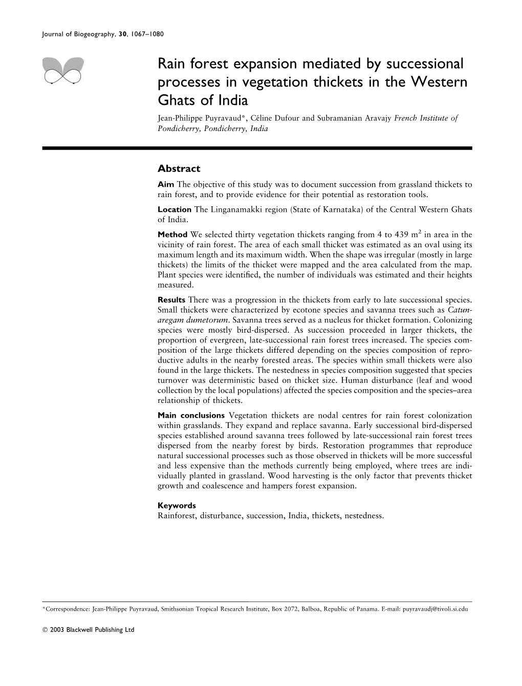 Rain Forest Expansion Mediated by Successional Processes in Vegetation Thickets in the Western Ghats of India