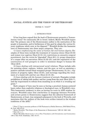 SOCIAL JUSTICE and the VISION of DEUTERONOMY Peter T. Vogt* I