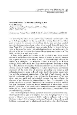 Innocent Civilians: the Morality of Killing in War Colm Mckeogh Palgrave Macmillan, Basingstoke, 2003, X Þ 200Pp