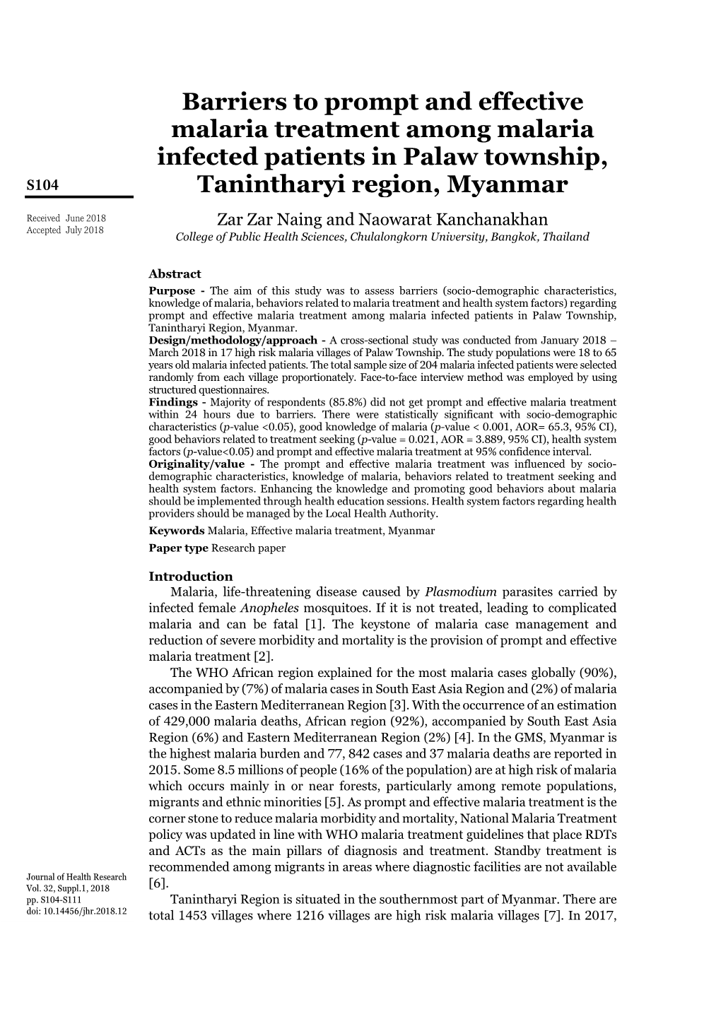 Barriers to Prompt and Effective Malaria Treatment Among Malaria Infected Patients in Palaw Township, S104 Tanintharyi Region, Myanmar