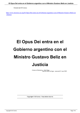 El Opus Dei Entra En El Gobierno Argentino Con El Ministro Gustavo Beliz En Justicia