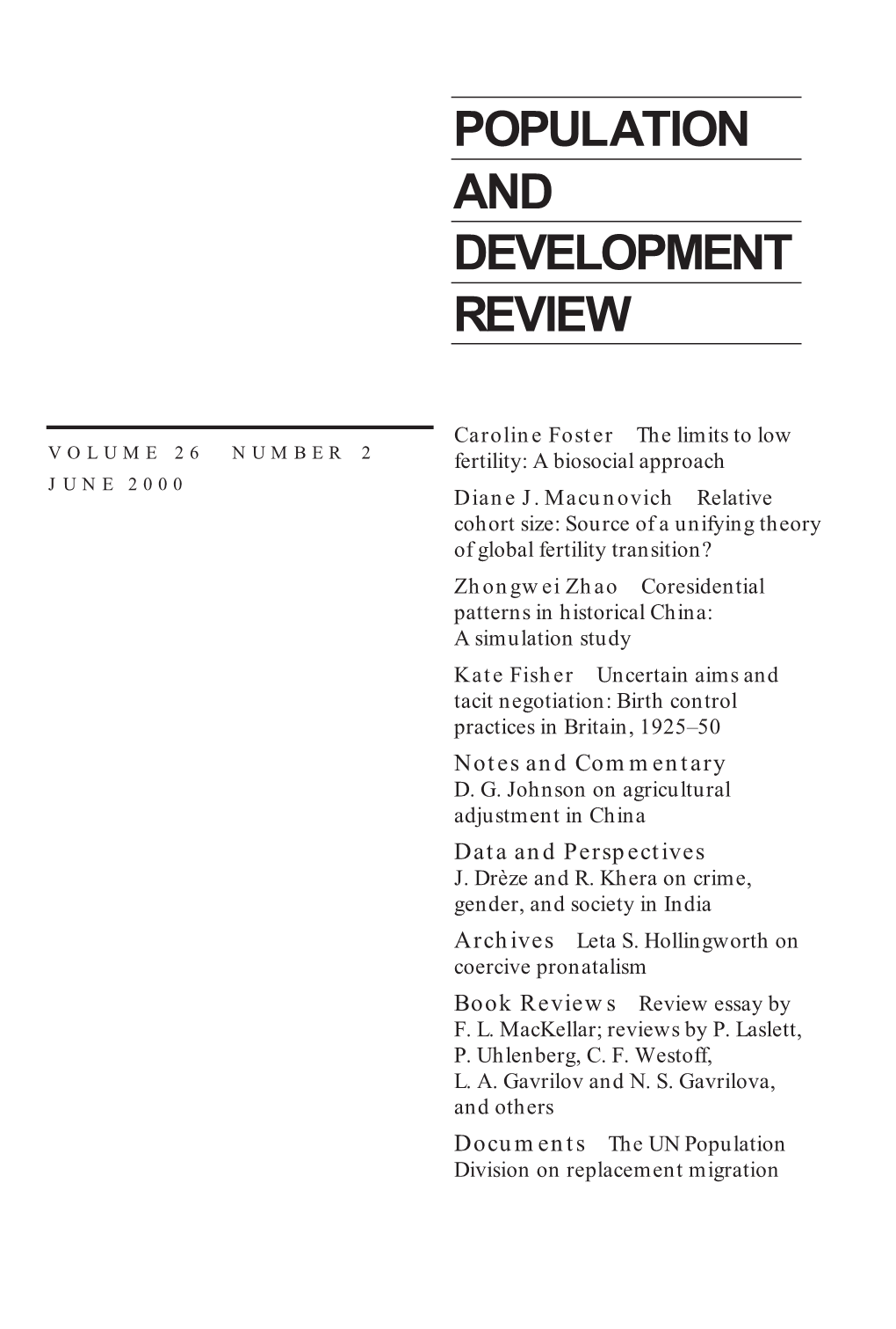 Population and Development Review, Volume 26, Number 2