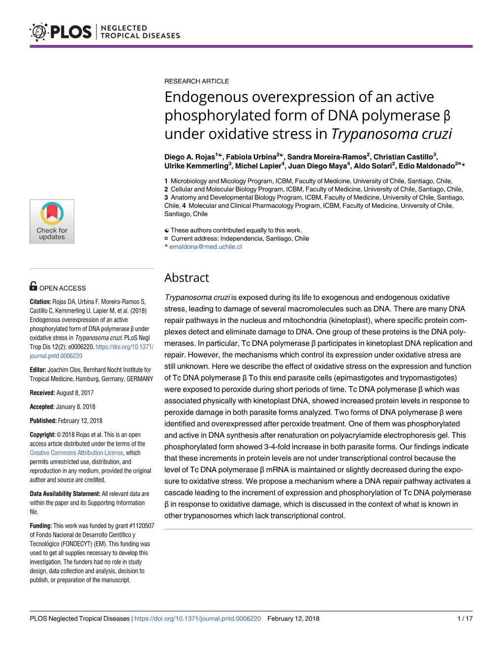 Endogenous Overexpression of an Active Phosphorylated Form of DNA Polymerase Β Under Oxidative Stress in Trypanosoma Cruzi