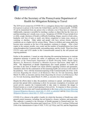 Order of the Secretary of the Pennsylvania Department of Health for Mitigation Relating to Travel