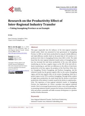 Research on the Productivity Effect of Inter-Regional Industry Transfer—Taking Guangdong Province As an Example