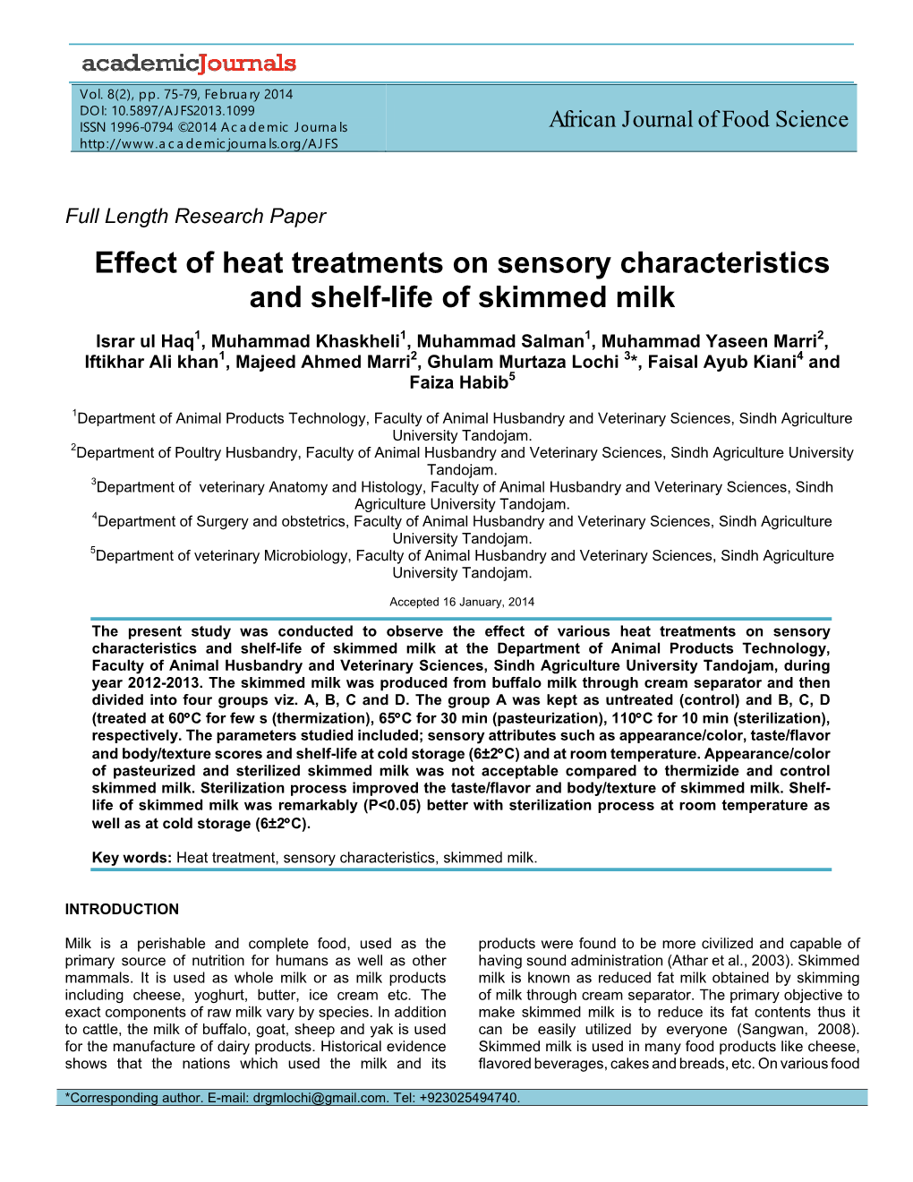 Effect of Heat Treatments on Sensory Characteristics and Shelf-Life of Skimmed Milk