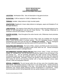 ROCKY MOUNTAIN ELK Area 7, Unit 072074 HUNTER INFORMATION SHEET LOCATION