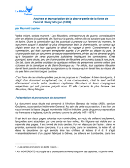 Analyse Et Transcription De La Charte-Partie De La Flotte De L'amiral Henry Morgan (1669) Par Raynald Laprise