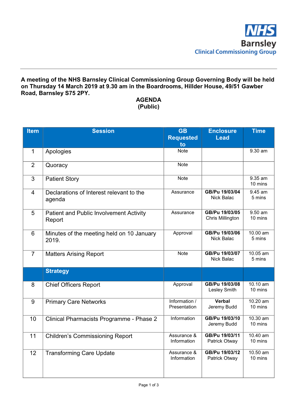 A Meeting of the NHS Barnsley Clinical Commissioning Group