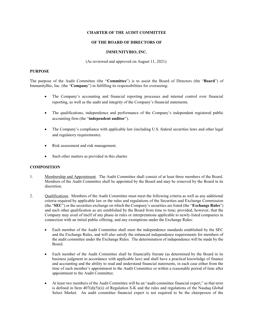 Charter of the Audit Committee of the Board Of