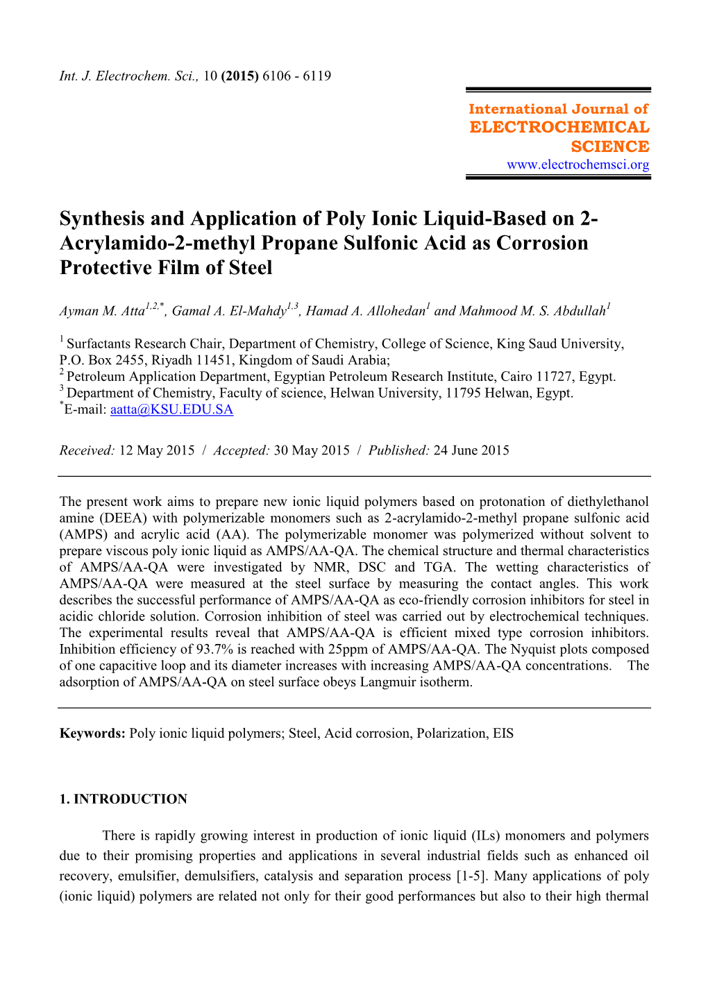 Acrylamido-2-Methyl Propane Sulfonic Acid As Corrosion Protective Film of Steel