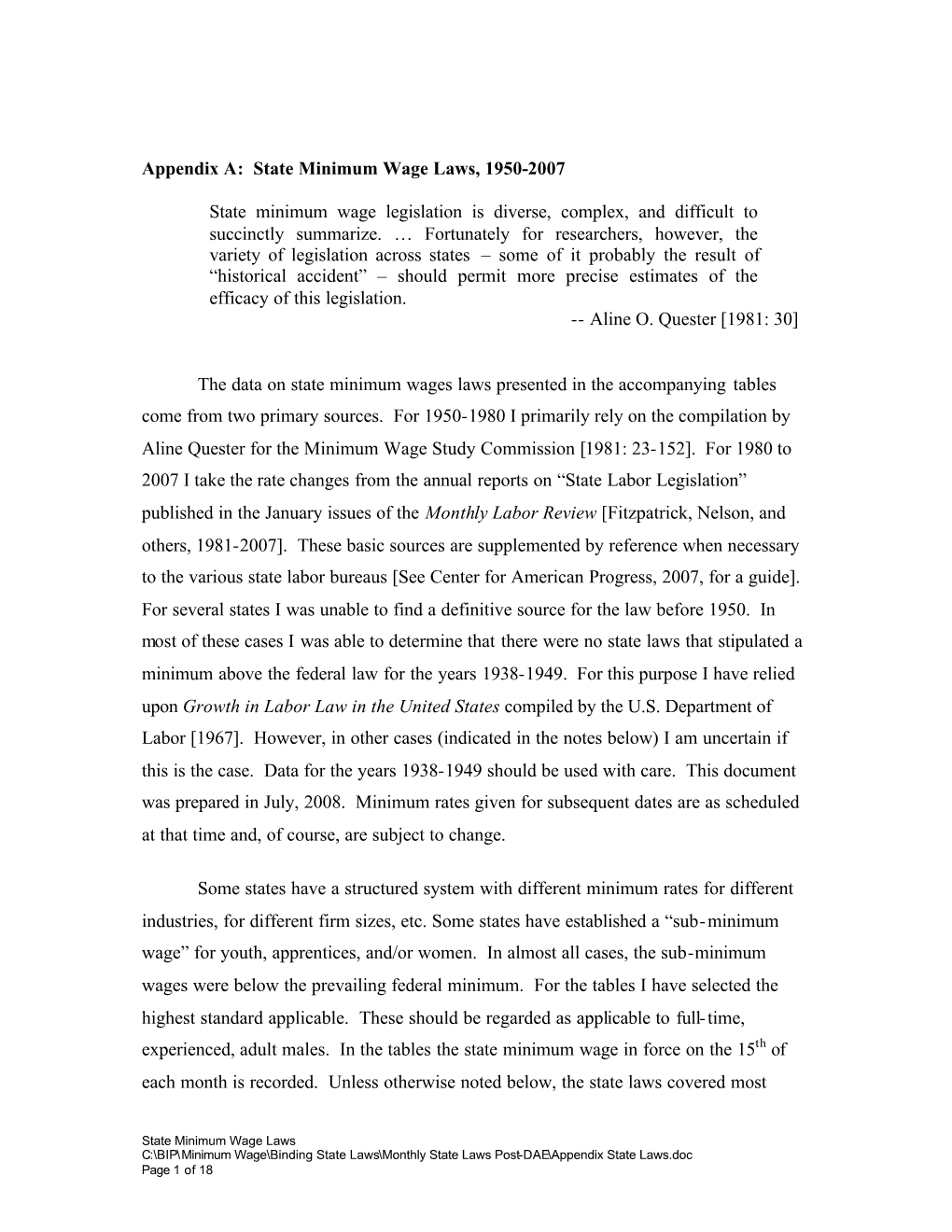 Appendix A: State Minimum Wage Laws, 1950-2007