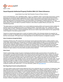 Vaxart Expands Intellectual Property Portfolio with U.S. Patent Allowance