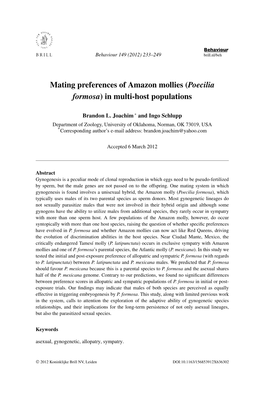 Mating Preferences of Amazon Mollies (Poecilia Formosa) in Multi-Host Populations