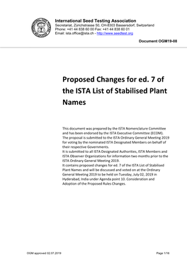 Proposed Changes for Ed. 7 of the ISTA List of Stabilised Plant Names