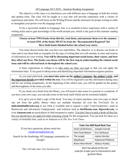 Summer Reading Assignment the Objective of the Class Is to Familiarize You with Different Uses of Language in Both the Written and Spoken Form