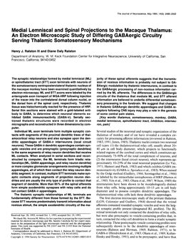 Medial Lemniscal and Spinal Projections to the Macaque Thalamus