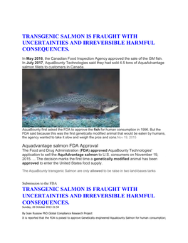 TRANSGENIC SALMON IS FRAUGHT with UNCERTAINTIES and IRREVERSIBLE HARMFUL CONSEQUENCES 2.Pdf