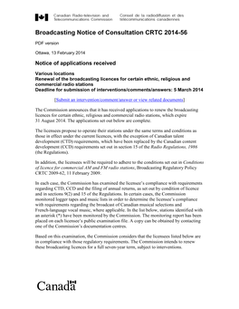 Broadcasting Notice of Consultation CRTC 2014-56