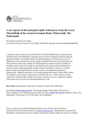 A New Species of the Sauropsid Reptile Nothosaurus from the Lower Muschelkalk of the Western Germanic Basin, Winterswijk, the Netherlands