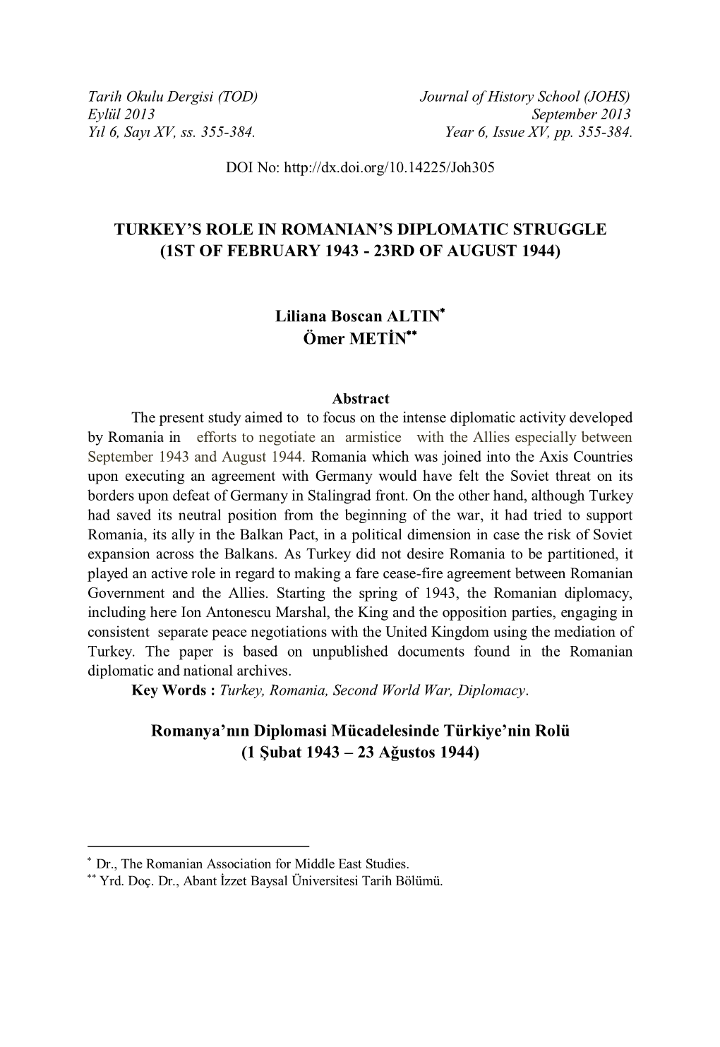 Turkey's Role in Romanian's Diplomatic Struggle (1St Of