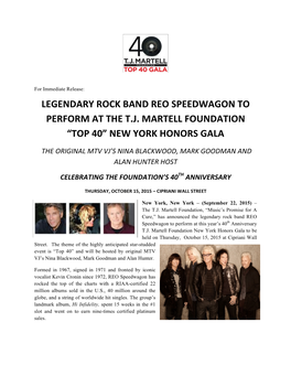 Legendary Rock Band Reo Speedwagon to Perform at the T.J