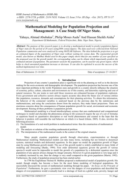 Mathematical Modeling for Population Projection and Management: a Case Study of Niger State