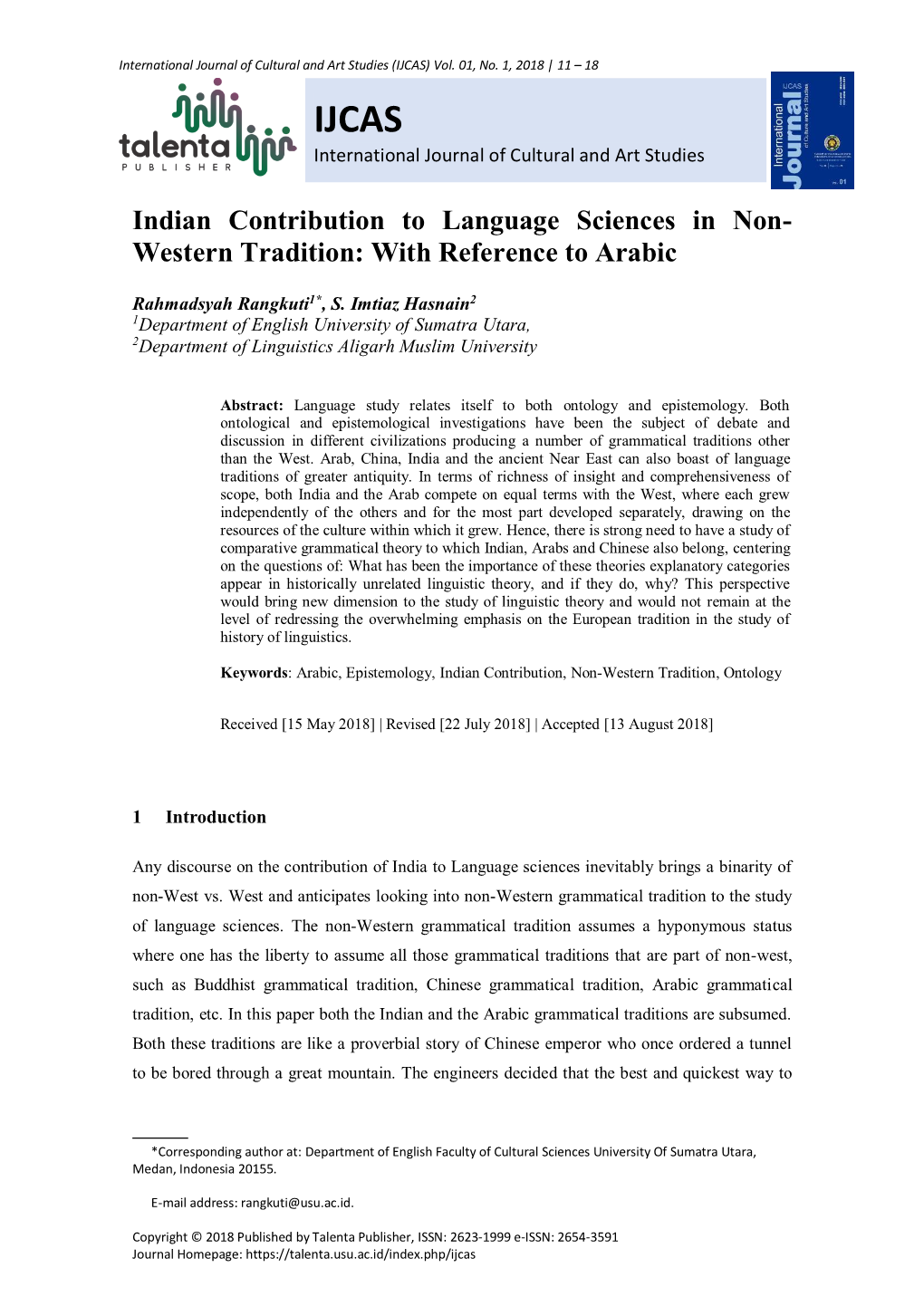 Indian Contribution to Language Sciences in Non- Western Tradition: with Reference to Arabic