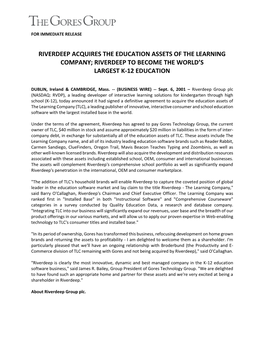Riverdeep Acquires the Education Assets of the Learning Company; Riverdeep to Become the World’S Largest K-12 Education