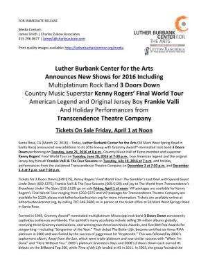 Luther Burbank Center for the Arts Announces New Shows for 2016