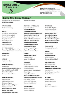 Bird List for Gentle New Guinea