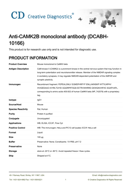 Anti-CAMK2B Monoclonal Antibody (DCABH- 10166) This Product Is for Research Use Only and Is Not Intended for Diagnostic Use