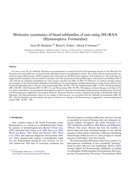 Molecular Systematics of Basal Subfamilies of Ants Using 28S Rrna (Hymenoptera: Formicidae)