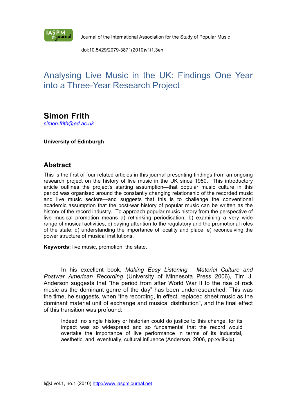Analysing Live Music in the UK: Findings One Year Into a Three-Year Research Project