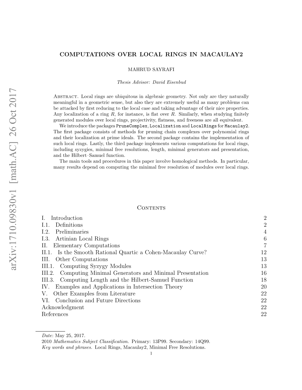 Arxiv:1710.09830V1 [Math.AC] 26 Oct 2017