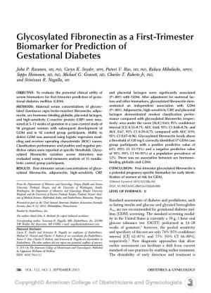 Glycosylated Fibronectin As a First-Trimester Biomarker for Prediction of Gestational Diabetes