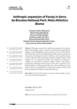 Anthropic Expansion of Paraty in Serra Da Bocaina National Park, Mata Atlântica Biome