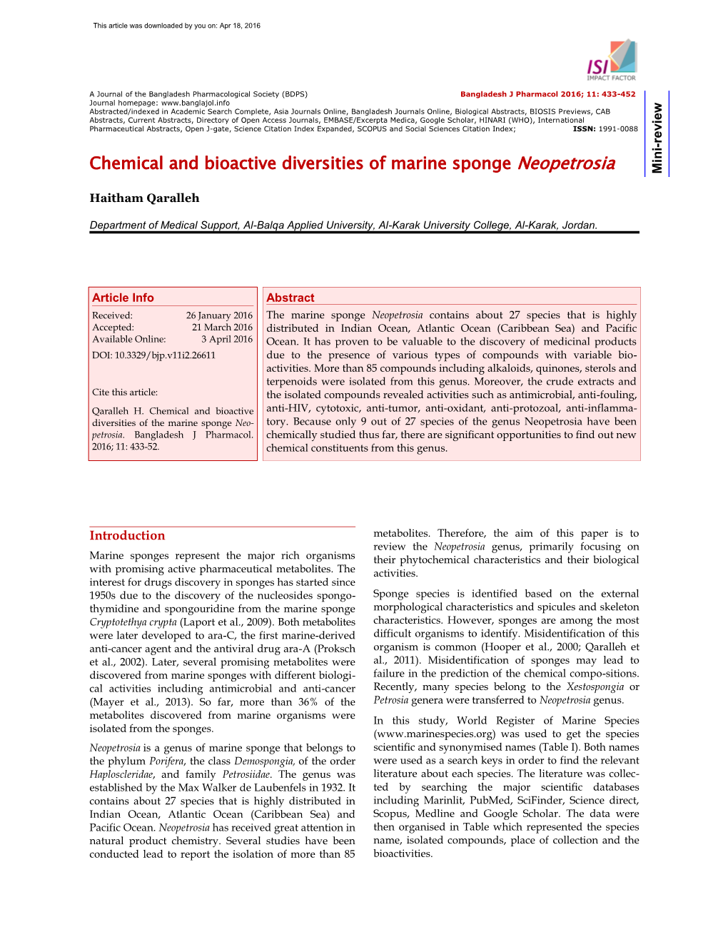 Chemical and Bioactive Diversities of Marine Sponge Neopetrosia Mini