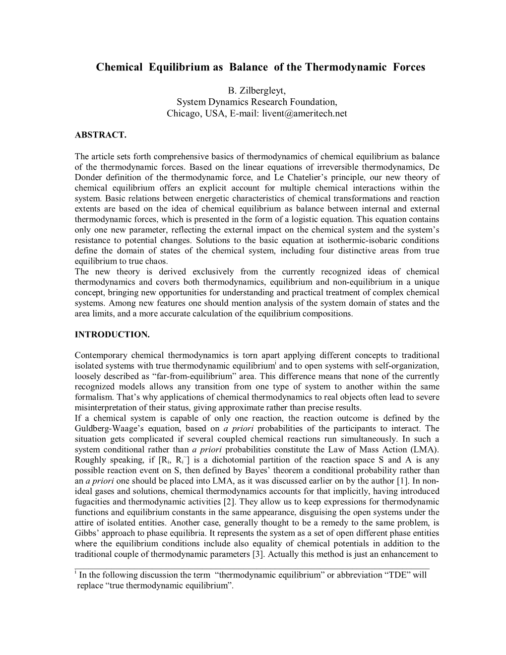 Chemical Equilibrium As Balance of the Thermodynamic Forces