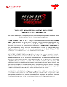 Tecmo Koei Releases Ninja Gaiden 3: Razor’S Edge for Playstation 3 and Xbox 360