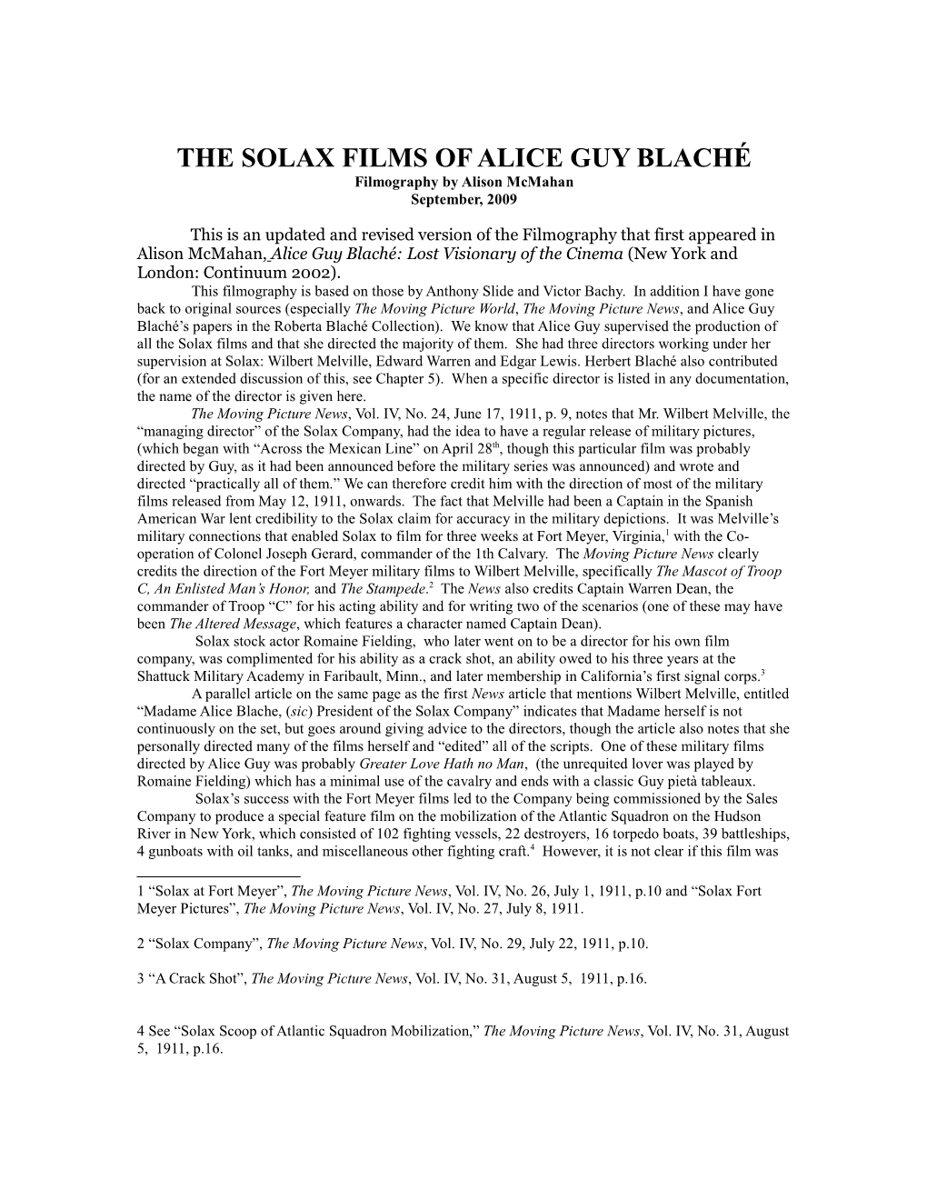 THE SOLAX FILMS of ALICE GUY BLACHÉ Filmography by Alison Mcmahan September, 2009