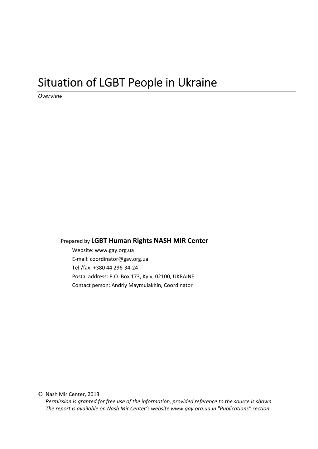 Situation of LGBT People in Ukraine Overview