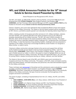 NFL and USAA Announce Finalists for the 10Th Annual Salute to Service Award Presented by USAA