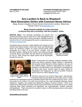 Ann Landers Is Back to Shepherd Next Generation Online with Common-Sense Advice